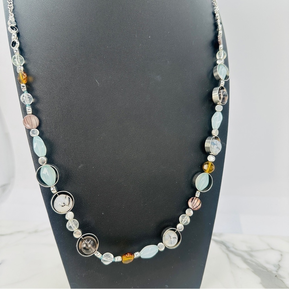 Chico’s Long Necklace Aqua & Amber Glass Metal Beads Versatile Adjustable 32”